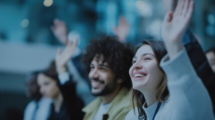 Aufkleber - Diverse Group of People Raising Hands in Auditorium, Demonstrating Engagement at a Conference and Representing Teamwork and Collaboration : Generative AI