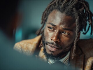 Aufkleber - Pensive African American Man in Plaid Blazer, Representing Leadership and Mentorship in Business, Close Up : Generative AI