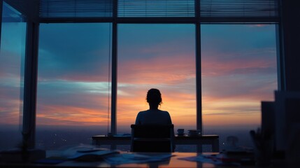 Leinwandbilder - Woman Sits at Desk Looking Out Office Window at Sunset, Representing Corporate Vision and Career Growth : Generative AI