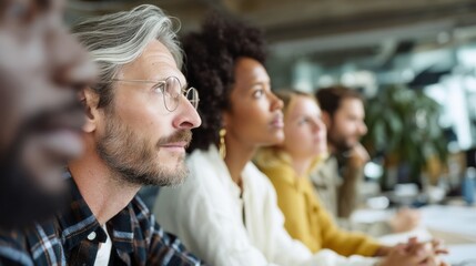 Aufkleber - Diverse Group of Business Professionals Looking Upward in Meeting, Representing Teamwork and Corporate Vision, Ideal for Recruitment and Training Materials : Generative AI