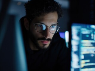 Poster - Focused Man Coding Late at Night With Glasses, Representing Cybersecurity and Digital Transformation, Working on Software Development and Computer Programming : Generative AI