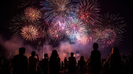 Aufkleber - Crowd Watching Fireworks Display at Night, Celebrating Independence Day and Community Togetherness, Promoting Festivities and Summer Events : Generative AI