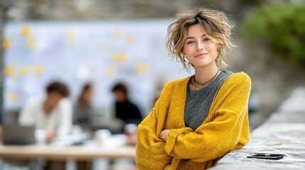 Fototapete - Smiling Woman in Yellow Cardigan Leaning on Wall, Representing Confidence and Female Leadership in Business Strategy and Team Collaboration : Generative AI