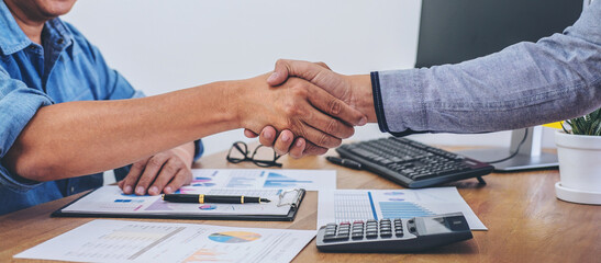 Poster - Finishing up a meeting, Business handshake after discussing good deal of Trading contract for both companies and gesturing people connection deal, Meeting and greeting concept
