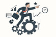 © Sonya - Dynamic businessman running on mechanical gears pointing towards success with business charts, growth analytics, and time management productivity concept vector