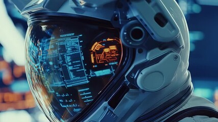 Wall Mural - futuristic astronaut working inside spaceship control room wearing spacesuit and space helmet with h