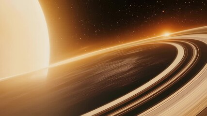 Wall Mural - saturn rotates slowly, displaying its magnificent rings and a distant sun peeking through the cosmic