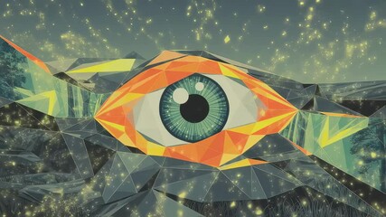 Wall Mural - geometric stylized eye surveying low poly landscape, sparkling luminescent particles cascading throu