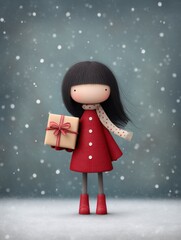 Wall Mural - Little girl holding a wrapped gift outdoors in a snowy winter landscape during daytime.