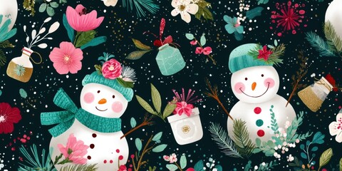 Wall Mural - Seamless Christmas pattern featuring cheerful snowmen and festive flowers on a white background.