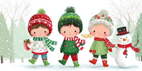 Wall Mural - three children in winter clothes stand beside a snowman in a snowy outdoor setting during daytime.