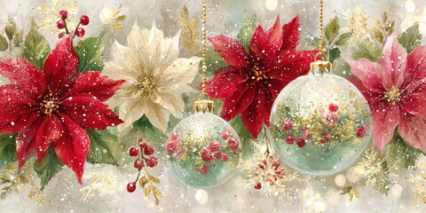 Wall Mural - Three colorful Christmas ornaments hanging on a string against a snowy outdoor background during daytime.