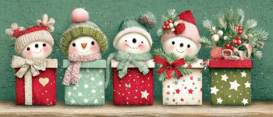 Wall Mural - Three snowmen standing side by side among wrapped Christmas presents with colorful ribbons and bows.