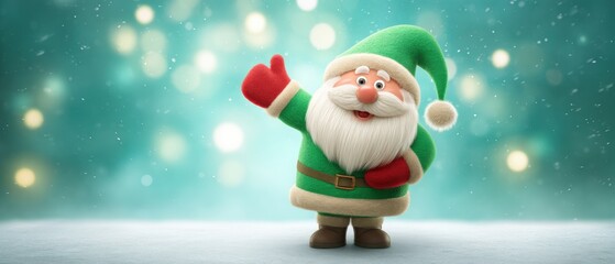 Wall Mural - Santa Claus standing in snowy landscape with raised hands during daytime winter scene.