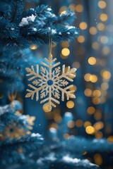 Wall Mural - White snowflake ornament hanging on tree branch with blurred warm lights in soft evening background.