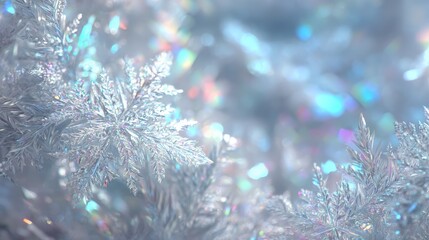 Wall Mural - Close-up of snowflakes resting on a tree branch with a soft, blurred winter background.