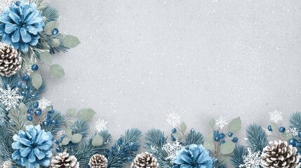 Wall Mural - Blue and white Christmas border with pine cones and snowflakes on a clean white background.