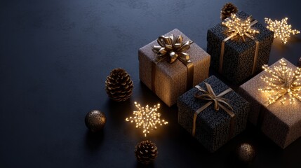 Wall Mural - Three decorated gift boxes with string lights on a black surface, festive holiday setting, evening lighting.