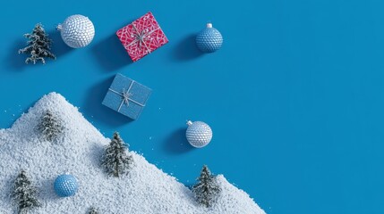 Wall Mural - Christmas decorations with snowflakes on a blue background, festive holiday ornaments in winter setting.