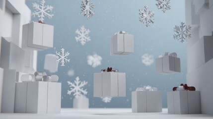 Wall Mural - White gift boxes with red bows and snowflake patterns arranged for festive holiday decor.