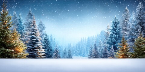 Wall Mural - Snow-covered trees with falling snowflakes in a serene winter landscape during daylight.