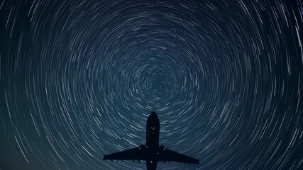Wall Mural - starry night sky revealing passenger airplane silhouette with rotating star trails circling polaris,