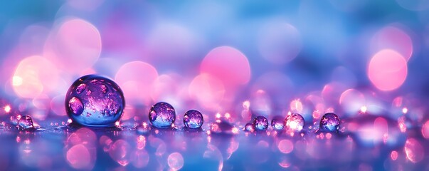 3D render, abstract background with sparkling bokeh lights in pink and purple with shiny water drops on a blue background.
