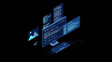 Wall Mural - isometric desktop computer. coding programming technology. programming concept. technology animation