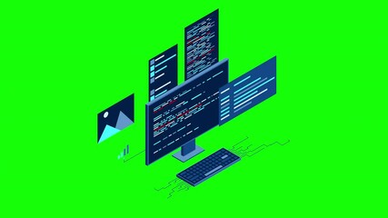 Wall Mural - isometric desktop computer. coding programming technology. programming concept. technology animation