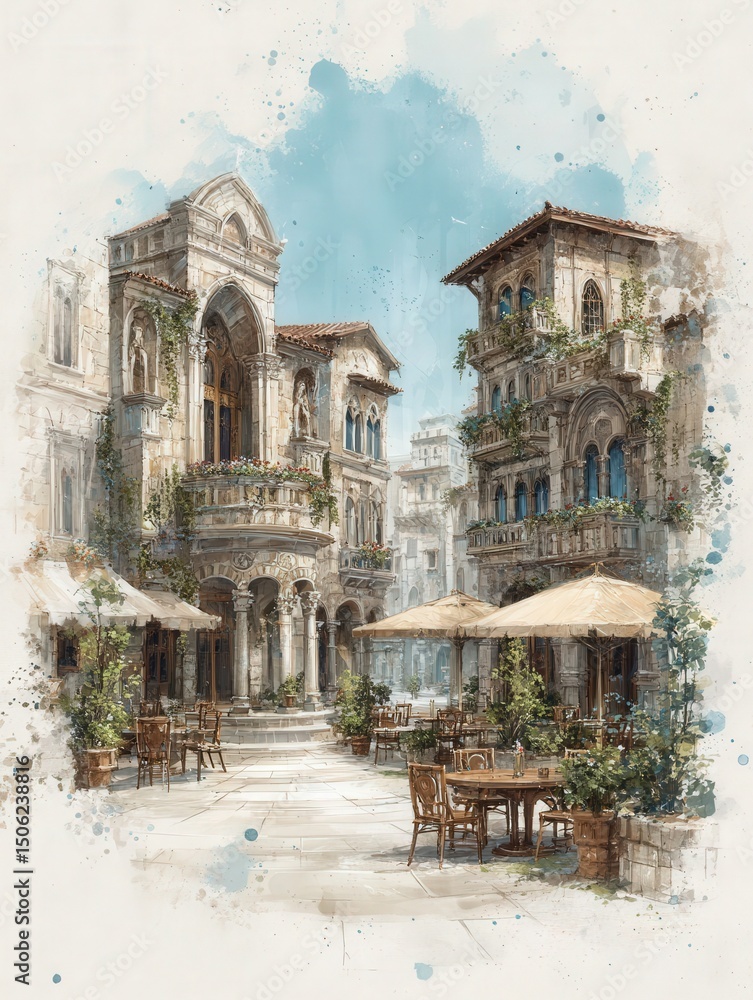 Beautiful courtyard features intricate historical buildings with balconies adorned by plants. Outdoor tables and chairs invite visitors to enjoy the serene atmosphere in a sunny Mediterranean setting.