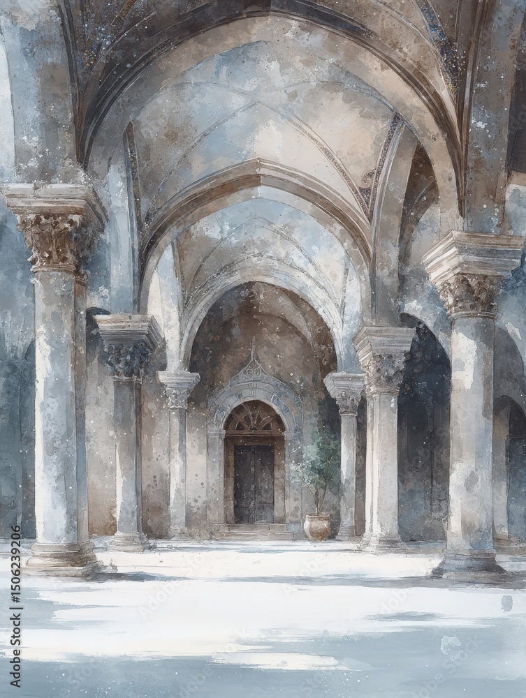 The scene showcases intricate stone columns and arches in a tranquil courtyard. Soft natural light illuminates the space, highlighting the artistic design and creating a peaceful ambiance.