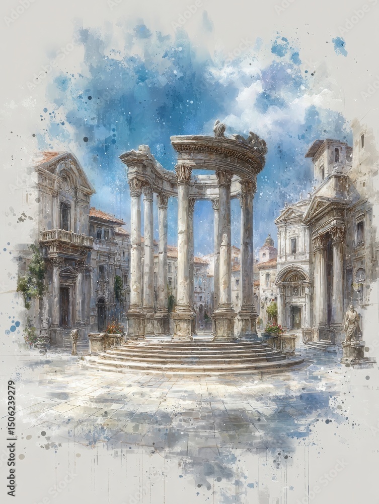 A grand circular structure with tall columns stands amidst historic buildings in a sunlit plaza. Blue skies and soft clouds enhance the grandeur of the architecture.