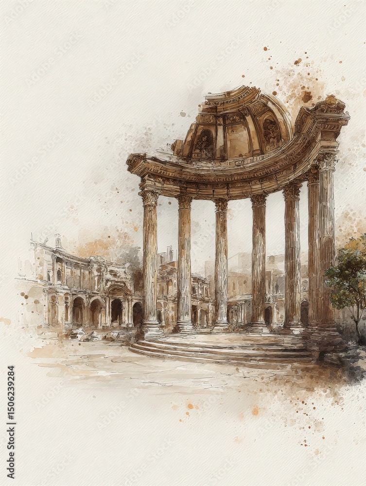 A majestic structure with tall columns and a grand dome stands among ancient ruins. The detailed artwork captures the beauty of the historical site in a serene atmosphere.