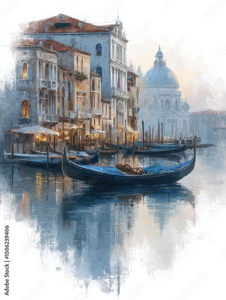 A peaceful evening unfolds along a serene canal, featuring elegant gondolas gently bobbing in the water. Historic buildings reflect the warm hues of sunset, creating a charming atmosphere.
