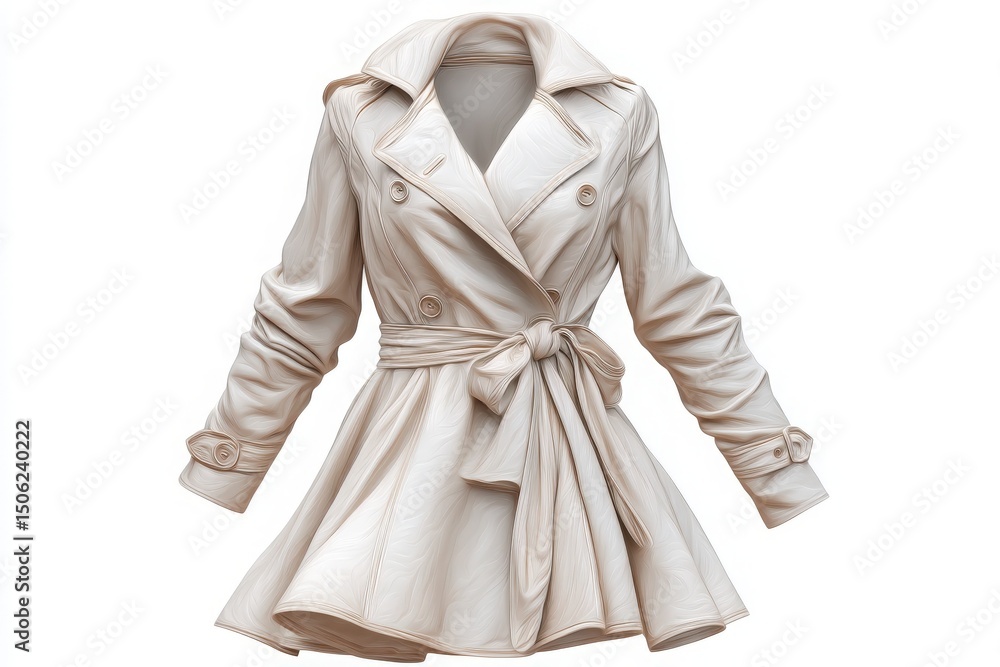 A beige trench coat is showcased, highlighting its tailored design, double-breasted front, and tied waist. The fabric appears smooth and luxurious, perfect for formal or casual occasions.