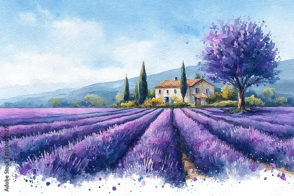 A picturesque landscape features rows of blooming lavender stretching towards a charming house. A large tree stands nearby, adding to the serene beauty of the hillside scenery in daylight.
