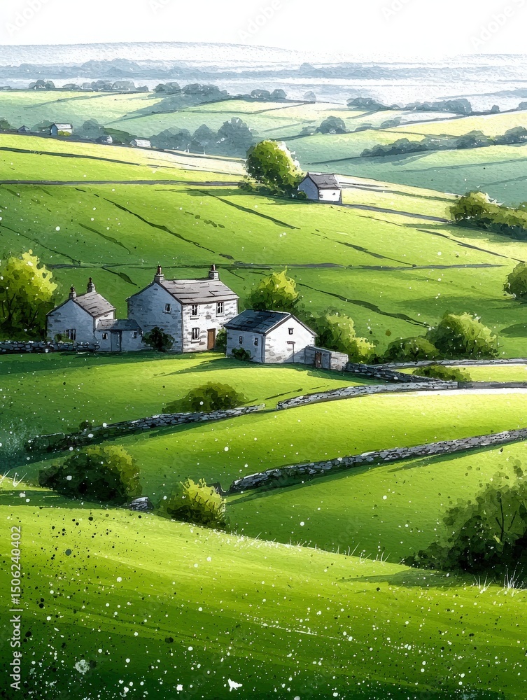 Lush green hills stretch across the landscape, dotted with charming houses. Bright sunlight illuminates the scene, creating a serene and tranquil atmosphere in the countryside.