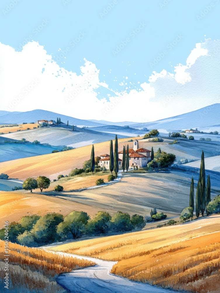 Golden fields stretch across the landscape, dotted with cypress trees and a quaint farmhouse nestled among the hills. A winding road leads through this picturesque rural scene under a bright blue sky.