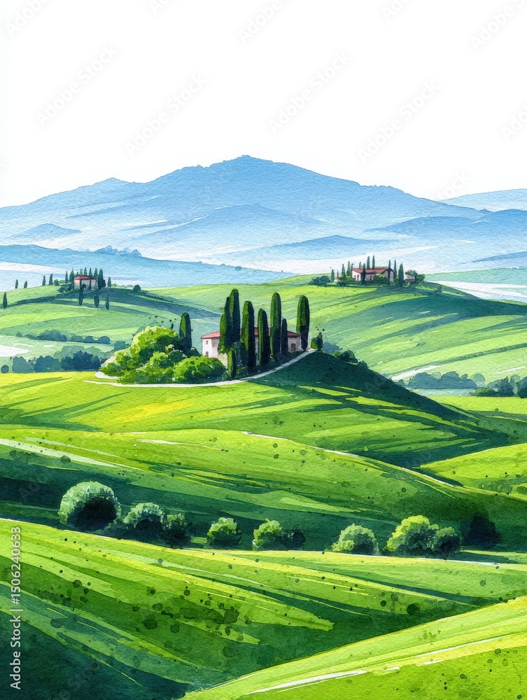 Rolling hills covered in vibrant green grass stretch under a clear sky. A quaint house with tall cypress trees stands on a hilltop.