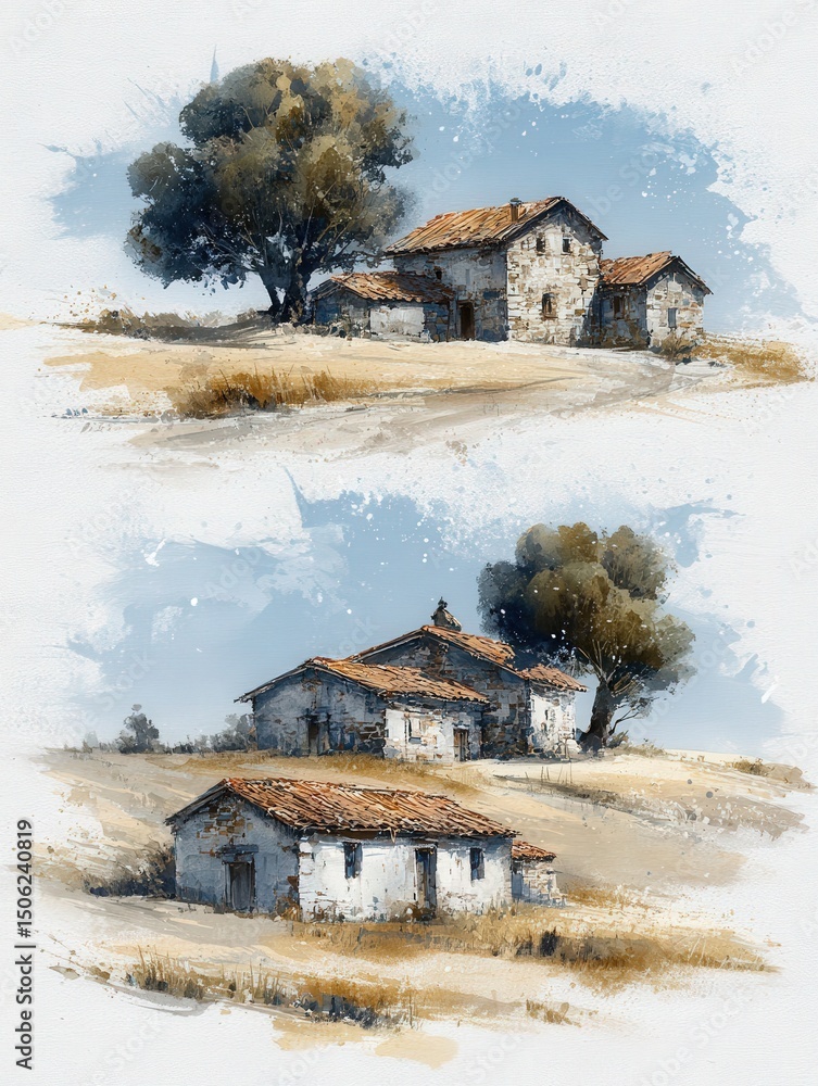 Two charming houses with wooden roofs are set against a clear blue sky. Surrounded by golden fields and large trees, the peaceful landscape evokes a sense of rural serenity and simplicity.