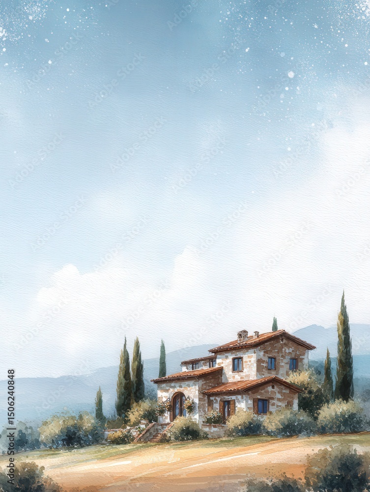A rustic stone house sits in a serene countryside setting, surrounded by lush greenery and tall cypress trees. The clear blue sky adds to the tranquil atmosphere of the rural landscape.
