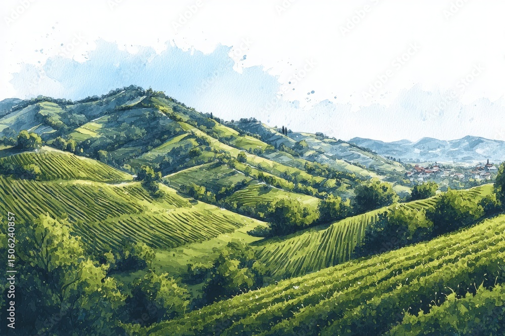 Rolling hills covered in vibrant green vineyards stretch under a bright sky. The peaceful countryside showcases natures beauty through its lush, undulating terrain.