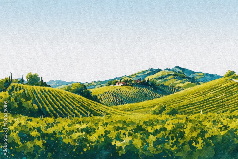 Rolling hills covered in vibrant green vineyards stretch across the landscape. A distant farmhouse adds charm to the scenery under a clear blue sky, showcasing the beauty of rural life.