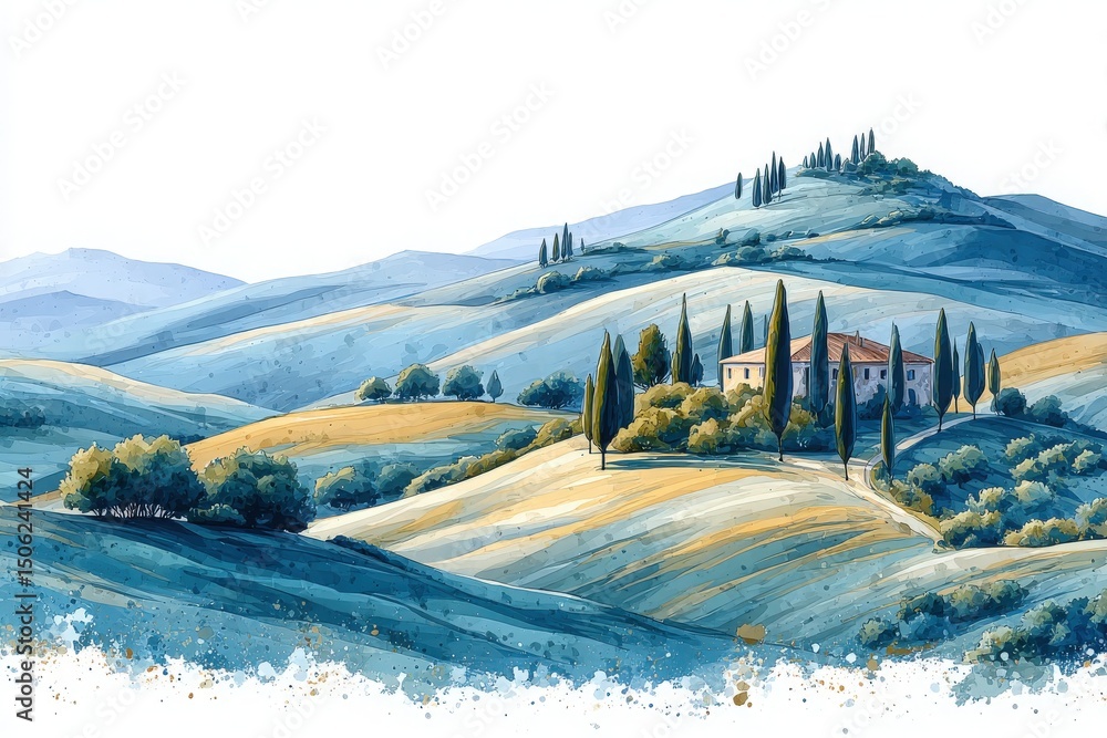 Rolling hills painted in soft shades of blue and gold cradle a charming villa surrounded by cypress trees. The tranquil scene captures the essence of peaceful rural life amid nature.