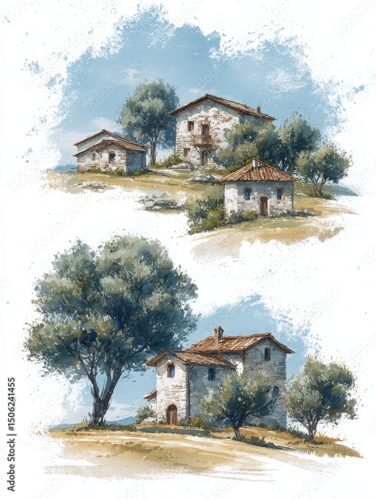 A tranquil rural landscape features three rustic stone houses with simple roofs.