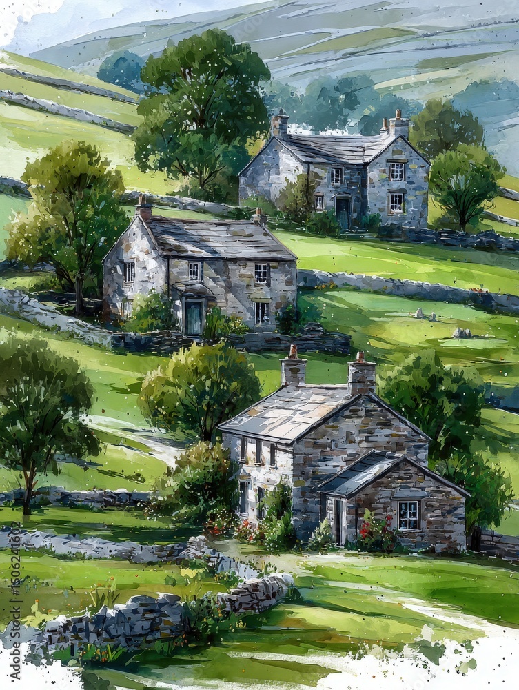 Charming stone cottages are nestled in a vibrant green landscape with rolling hills. The setting features trees and a well-maintained stone wall, giving a peaceful rural vibe.