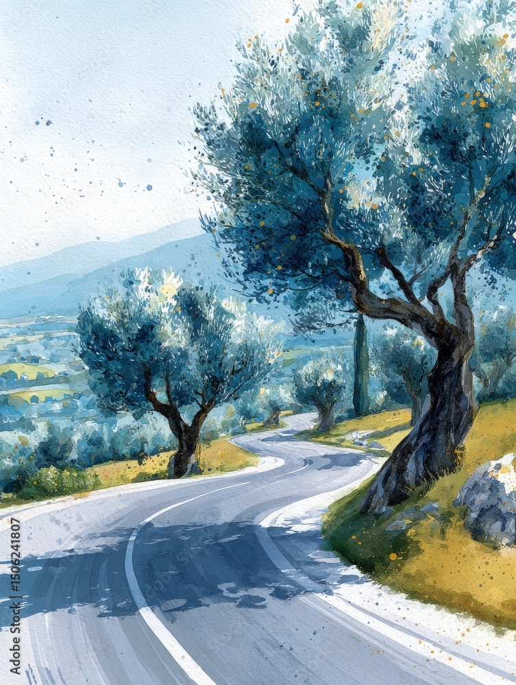 A scenic road curves gently through a countryside landscape with olive trees lining the sides. The bright blue sky and distant mountains create a peaceful atmosphere on a sunny day.