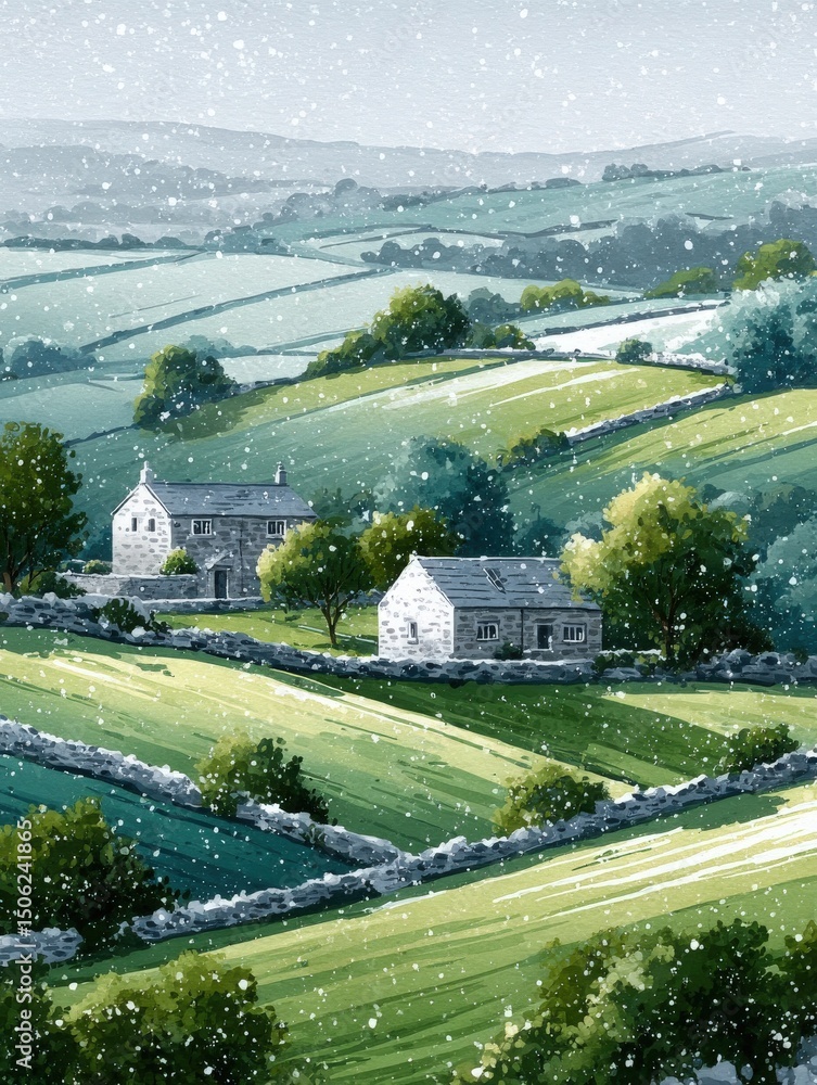 Snow gently falls upon a peaceful countryside, covering vibrant green fields and quaint stone cottages. The serene landscape showcases the beauty of nature in winter.
