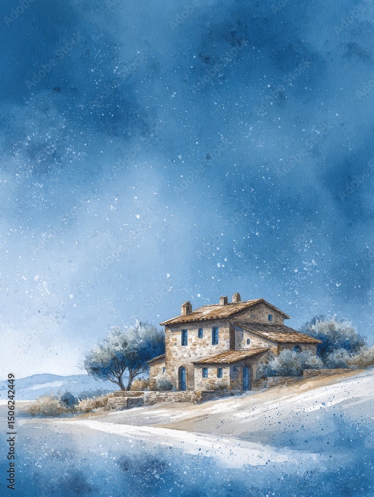 A picturesque stone house sits on a gently sloping hill, surrounded by snow-covered fields and sparse trees. The tranquil blue sky enhances the peaceful winter atmosphere.