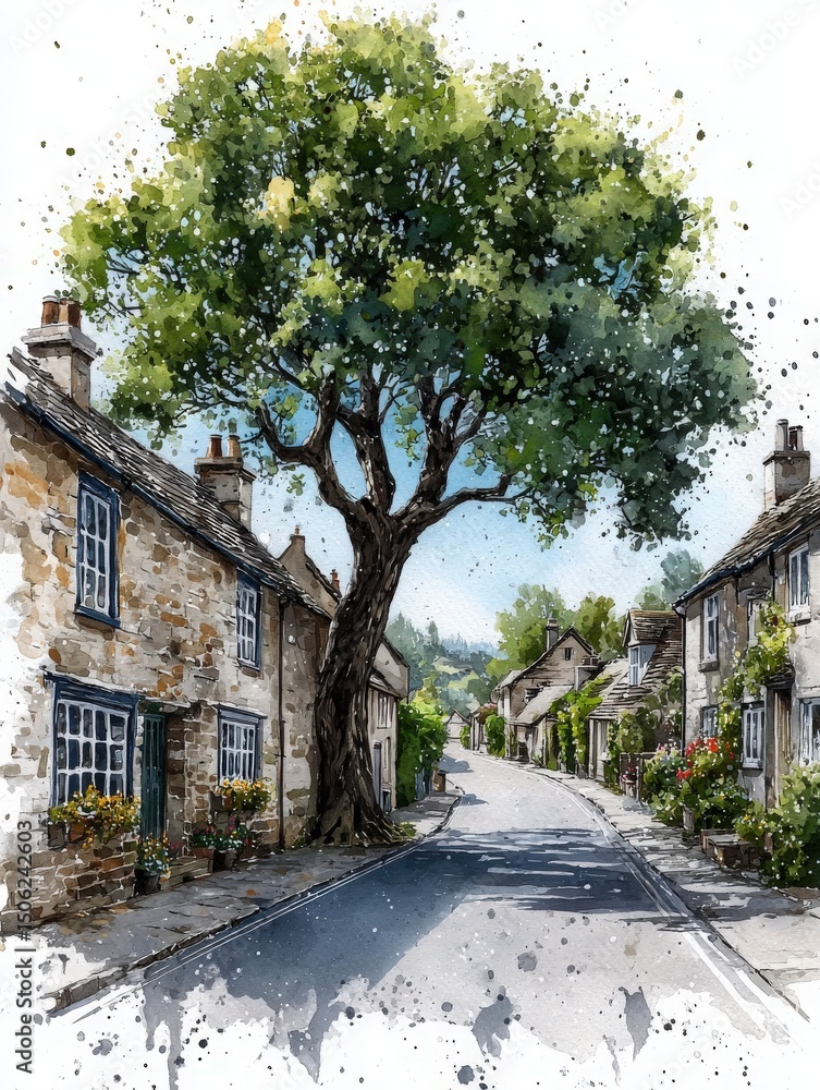 A picturesque village street lined with stone cottages and colorful flowers, under a clear blue sky. A large tree casts shade over the road, creating a serene atmosphere in the countryside.